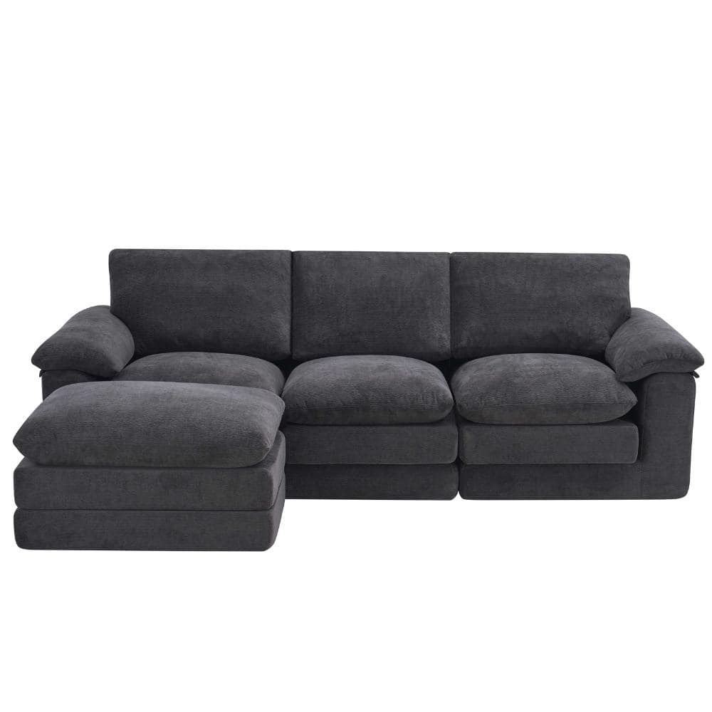100.39 in. Pillow Top Arms 5-piece Chenille L-Shaped with Movable Ottoman Sectional Sofa in Black