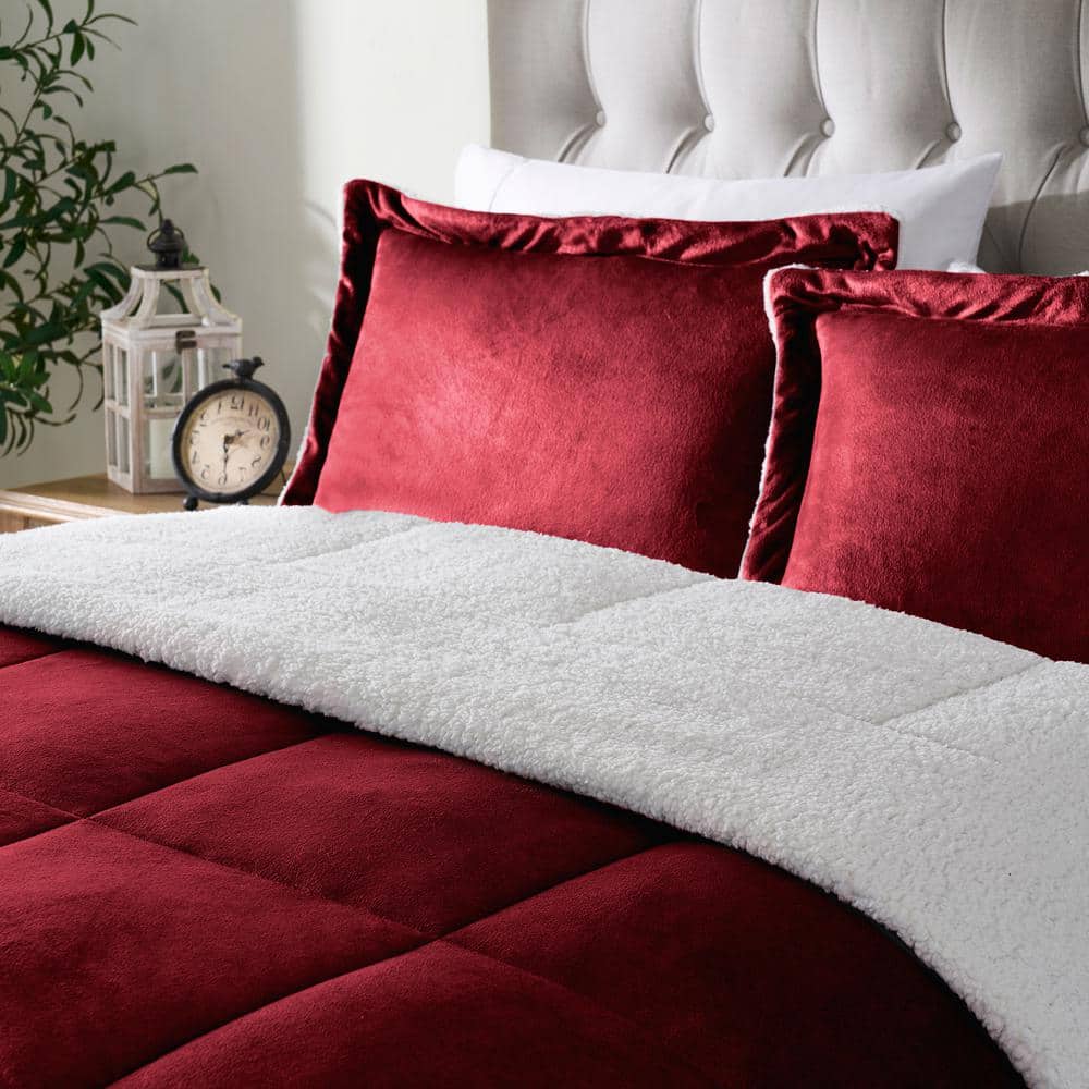 Full Burgundy Reversible Microfiber and Sherpa Comforter Set