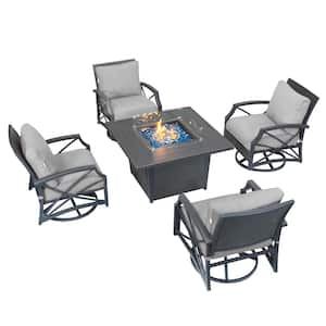 Ethan Grey 5-Piece Propane Patio Fire Pit Set with an Aluminum Frame, Wicker Chairs and Grey Cushions