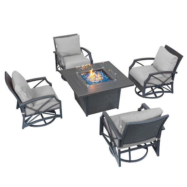 Kinger Home Ethan Grey 5-Piece Propane Patio Fire Pit Set with an Aluminum Frame, Wicker Chairs and Grey Cushions