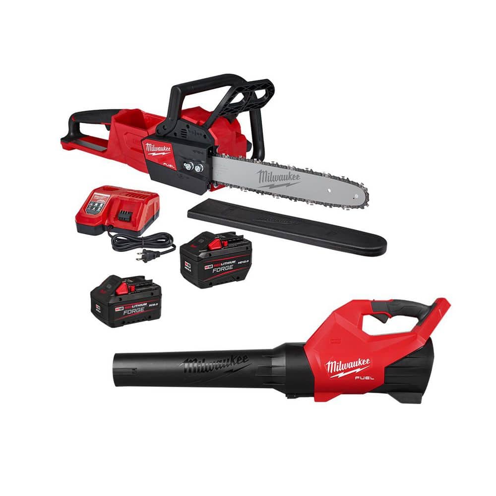 Milwaukee M18 FUEL 16 in. 18V Brushless Cordless Battery Powered Chainsaw 12.0 Ah Kit w/ 8.0 Ah FORGE Battery, M18 Blower, Charger