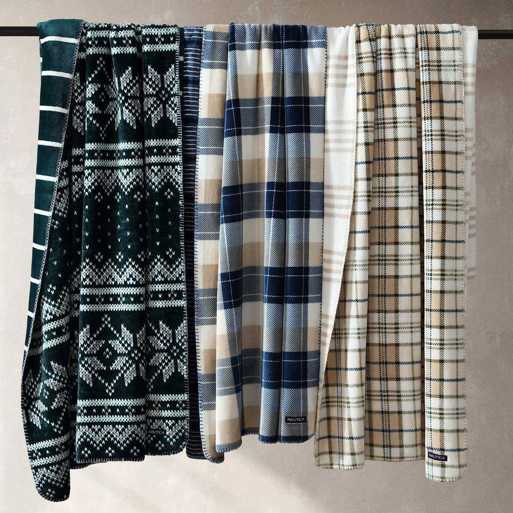 Beige and Green Plaid Fleece Reversible Throw Blanket