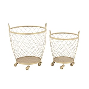 Gold Deep Set Wire Basket Storage Cart with Wheels and Handle (Set of 2)