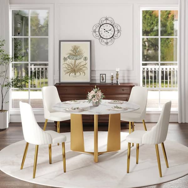 Magic Home 53.15 in. White Sintered Stone Tabletop with Gold Pedestal Base Dining Table (Seats-6)