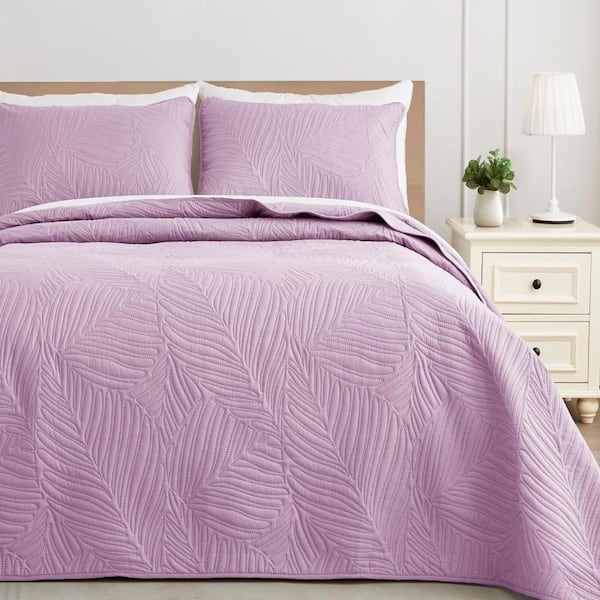 3-Piece Purple Polyester Queen All Seasons Quilt Set - With Leaf Pattern