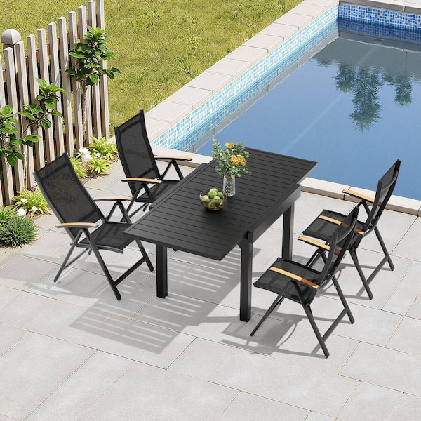 Black 5-Piece Metal Outdoor Dining Set with 63 in. Extension Table and Foldable Chairs