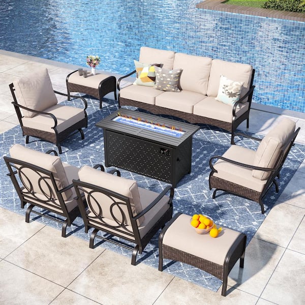 PHI VILLA Rattan 9 Seat 8-Piece Outdoor Patio Metal Conversation Set with Beige Cushions, Rocking Chairs and Fire Pit Table