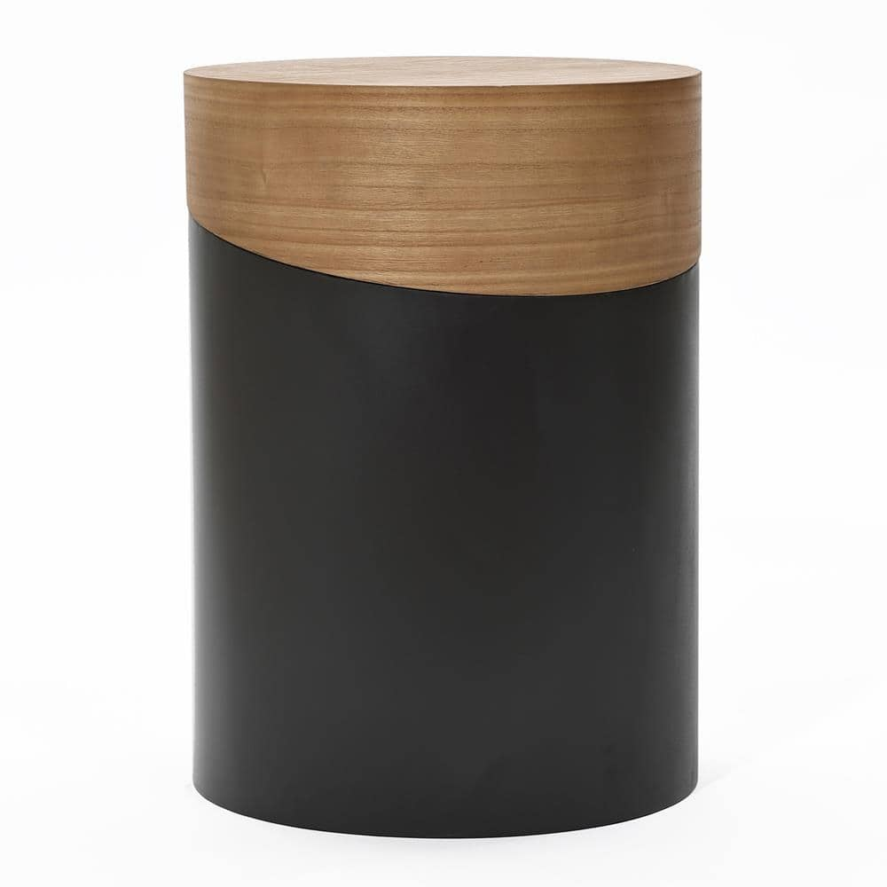 15.8 Black Natural Wood and Metal Round Accent Side Table