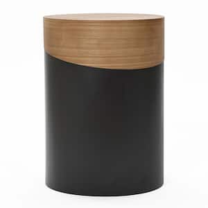 15.8 Black Natural Wood and Metal Round Accent Side Table