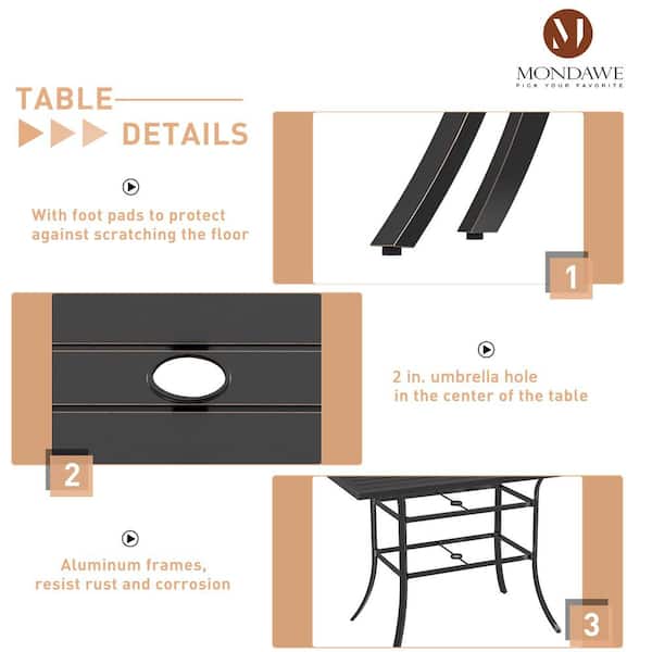 5-Piece Aluminum Bar Height Outdoor Dining Set 360° Rotation Chair and Square Table with Cushion and Umbrella Hole