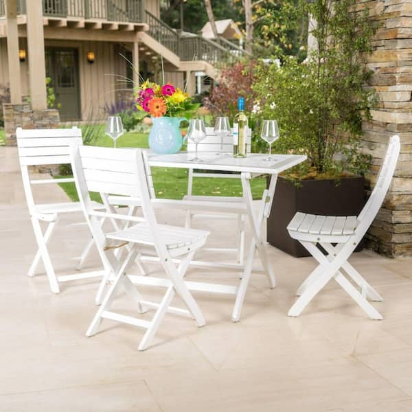Sudzendf 5-Piece Acacia Wood Outdoor Dining Set, Patio Furniture Set Include Folding Table and Chairs for Garden, Backyard, White