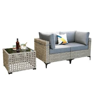 Apollo 3-Piece Wicker Outdoor Patio Conversation Seating Set with Dark Gray Cushions