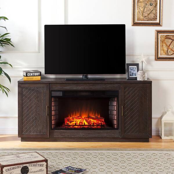 Southern Enterprises Torrens 65 in. Electric Fireplace TV Stand with 33 in. Widescreen Firebox in White Limed Espresso