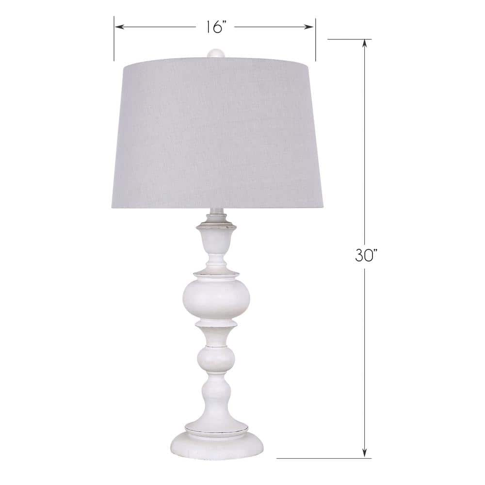 30" Distressed Off-White Polyresin Table Lamps with Gray Linen Shades, Set of 2