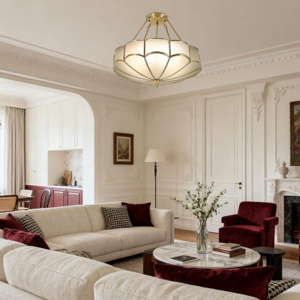 OUKANING 23 in. Tiffany Semi-Flush Mount Ceiling Light with Amber