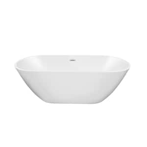 59 in. Acrylic Freestanding Flatbottom Double Ended Soaking Bathtub in White with Brass Drain