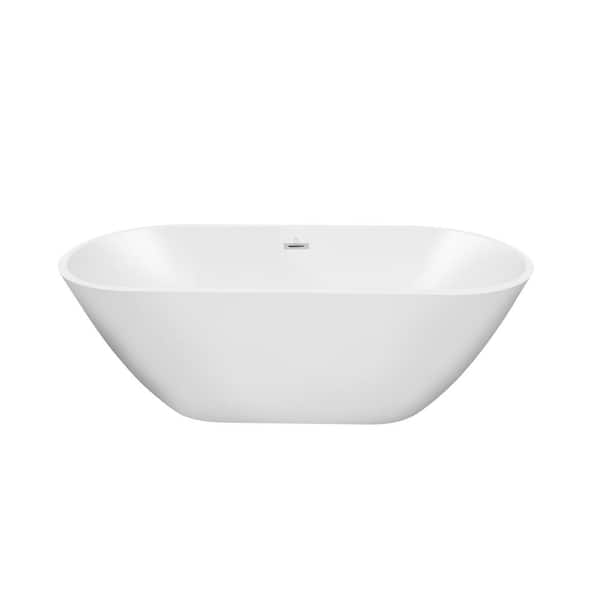 VANITYFUS 59 in. Acrylic Freestanding Flatbottom Double Ended Soaking Bathtub in White with Brass Drain