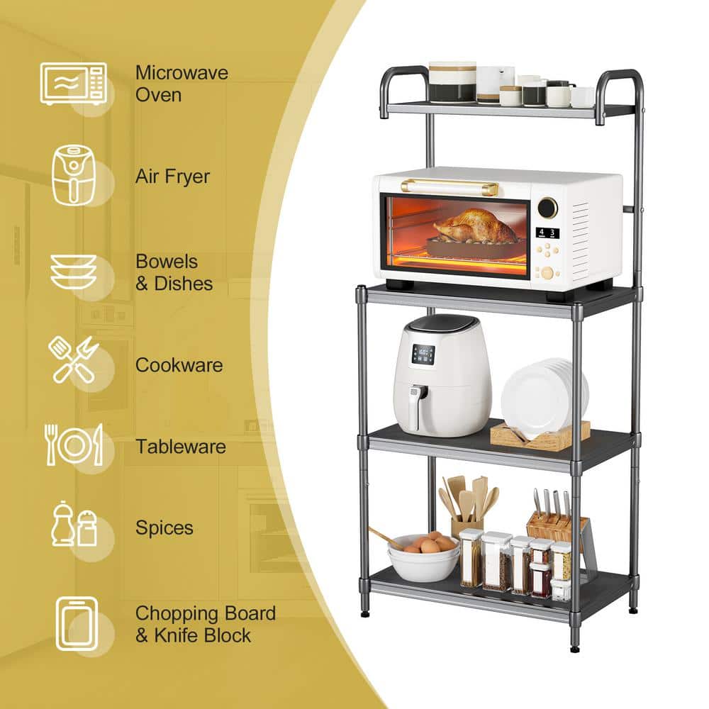 Adjustable 4-Tier Black Iron Microwave Oven Stand with Wire Shelves