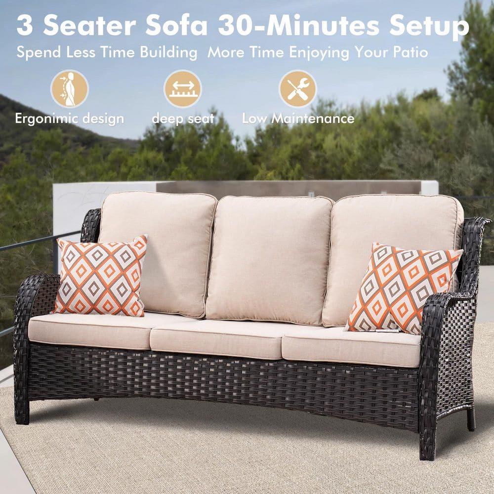 Tommy 5-Piece Brown Rattan Sofa Seating Group with Beige Cushions