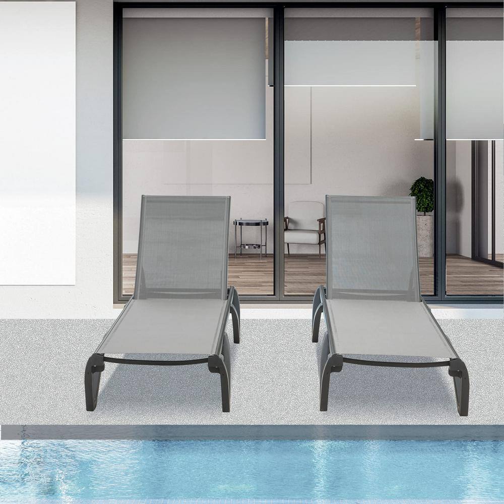 Gray Aluminum Adjustable Outdoor Chaise Lounge Set of 2