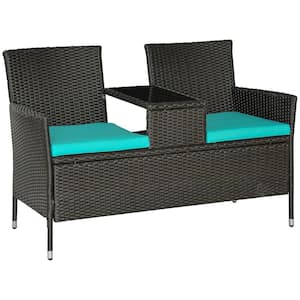 2-Seater 1-Piece Wicker Patio Conversation Set with Navy Blue Cushions and Tempered Glass Top Coffee Table