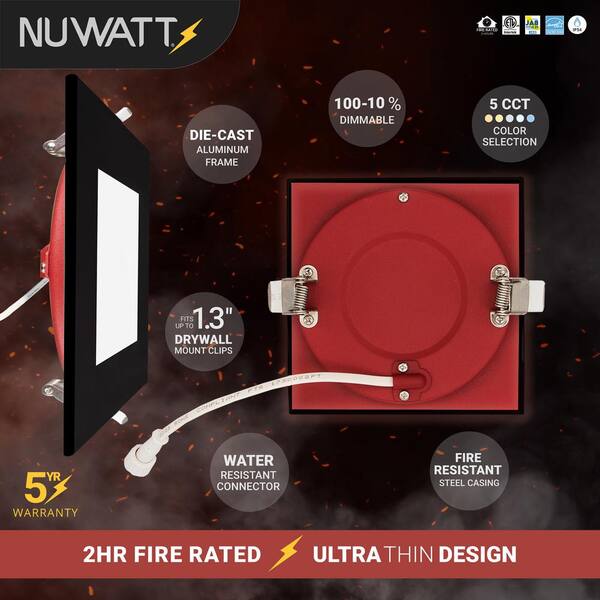 NuWatt 6 in. Black Square 2HR Fire Rated Canless 5CCT Select New