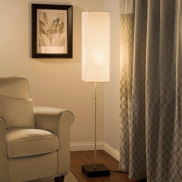 60 in Brushed Nickel Floor Lamp  Paper Shade Beige Decorative Lighting Faux Wood