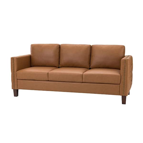JAYDEN CREATION P1 a cido 81.5 in. Vegan Camel Fax Leather Squared Arms Sofa with Nailhead Trim