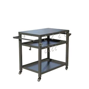 3-Shelf Outdoor Metal Food Prep Stand Table Grill Cart in Gray with Wheels And Hooks