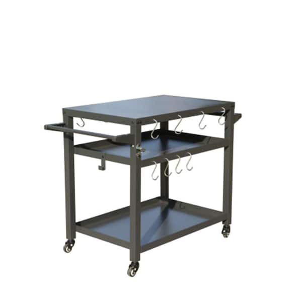 Misopily 3-Shelf Outdoor Metal Food Prep Stand Table Grill Cart in Gray with Wheels And Hooks