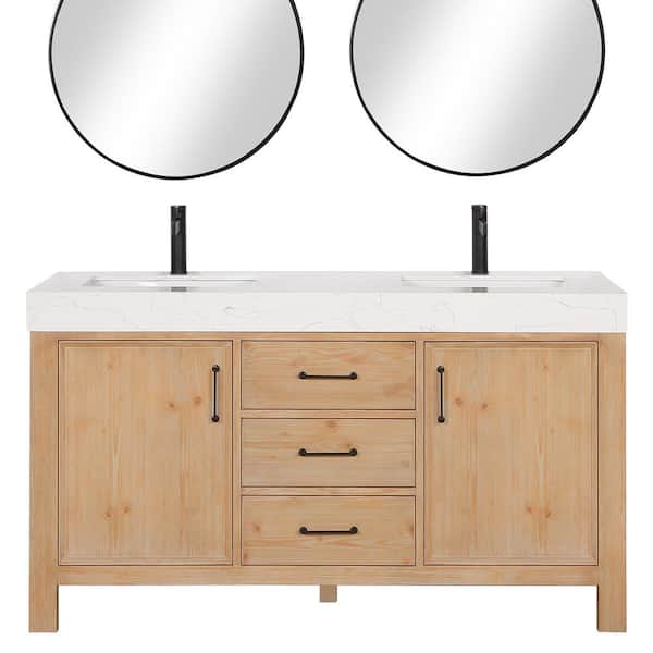 León 60 in.W x 22 in.D x 34 in.H Double Sink Bath Vanity in Fir Wood Brown with White Composite Stone Top and Mirror