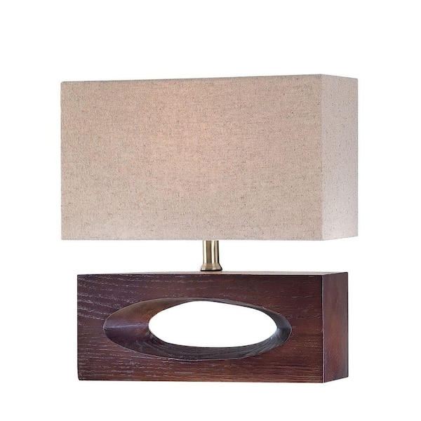 Illumine 13 in. 1-Light Walnut Table Lamp with Beige Fabric Shade