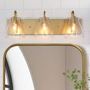 22 in. 3-Light Gold Bath Vanity Light with Bell Clear Glass Shades Modern Powder Room Wall Light, LED Bulb Compatible