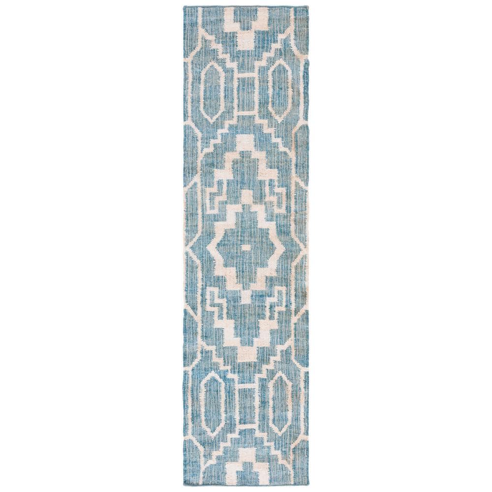 Blue and Ivory Geometric Hand-Woven Natural Fiber Runner Rug