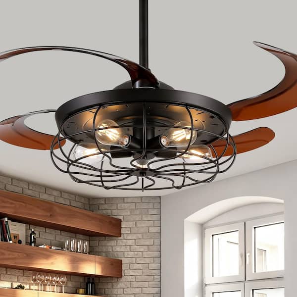 48 in. Black Retractable Downrod Mount Standard Ceiling Fan with Lights and Remote Fandelier for Dining Room,Living Room