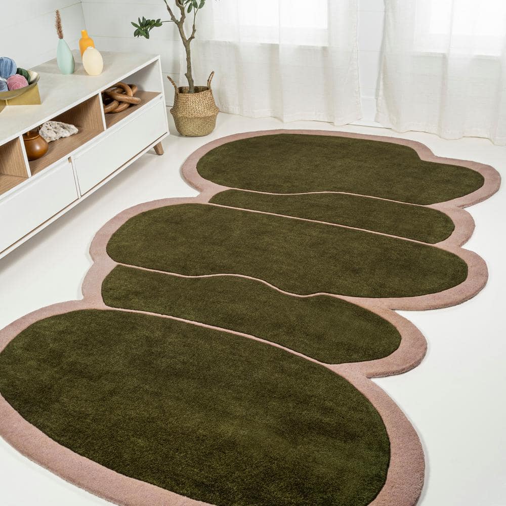 Whimsical Green and Pink Handwoven Wool Kids Rug