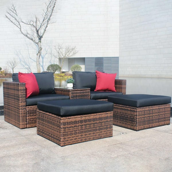 Anky 5-Piece Wicker Patio Conversation Set with Black Cushions and Red Pillows