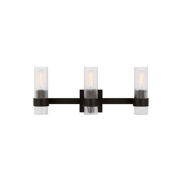 Generation Lighting Geneva 22.5 in. W x 8.875 in. H 3-Light Aged Iron Mid-Century Modern Vanity Light with Clear Fluted Glass Shades