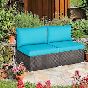 2-Pieces Patio Wicker Rattan Sectional Armless Chair Sofa with Turquoise Cushion