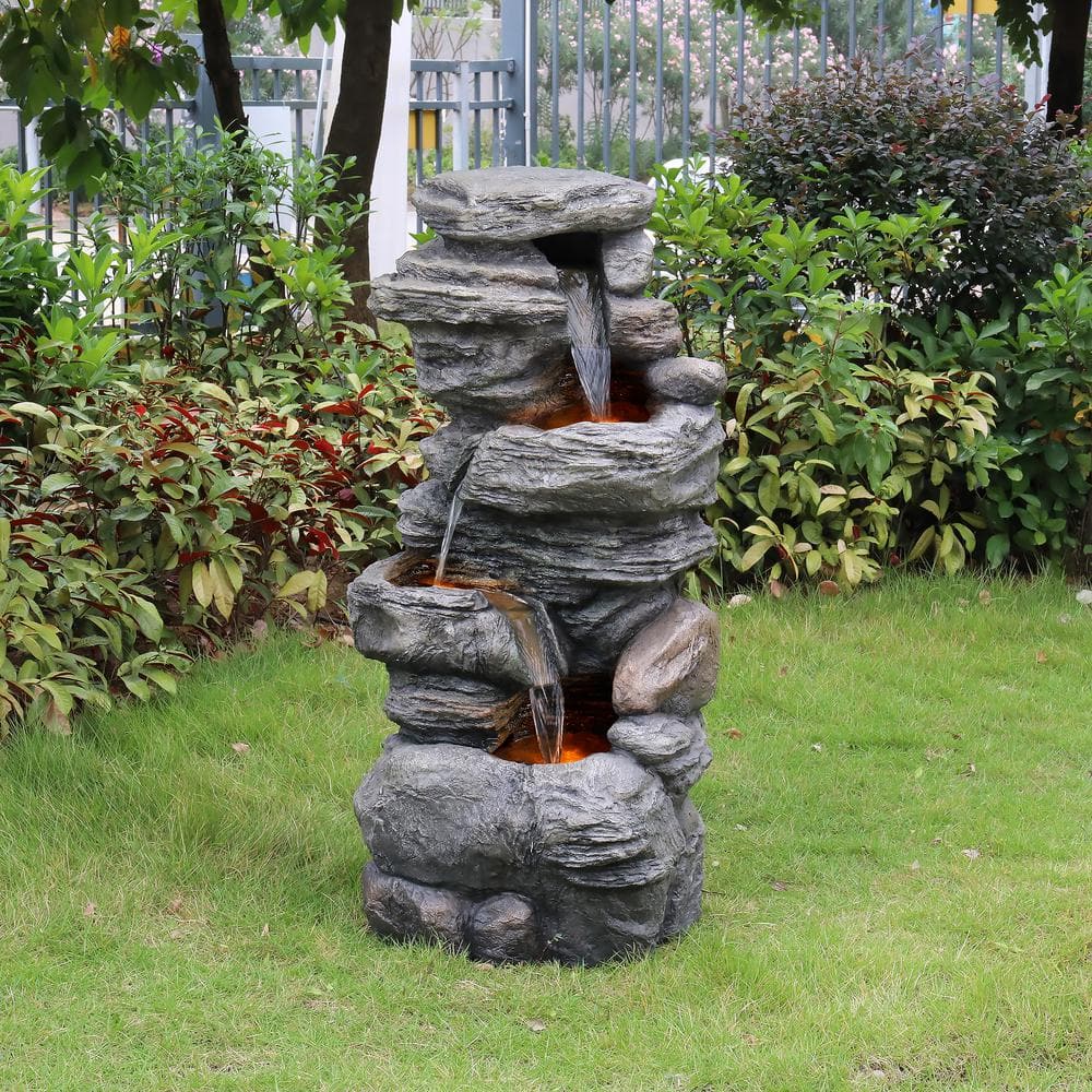 Teamson Home Gray 4-Tier Faux Stone Water Fountain with LED Lights