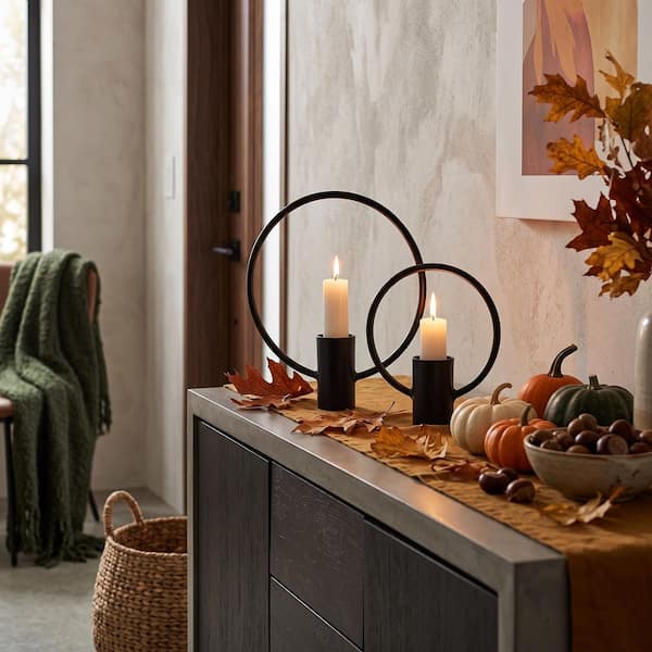 Black 16 in. x 19 in. Metal and Wood Full Circle Pillar Candle Holders