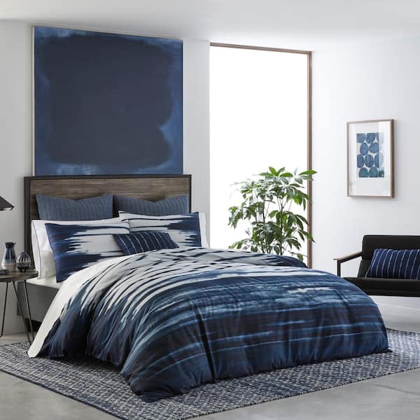 !zi Shibori Print 3-Piece Navy Blue Striped Cotton Full/Queen Duvet Cover Set