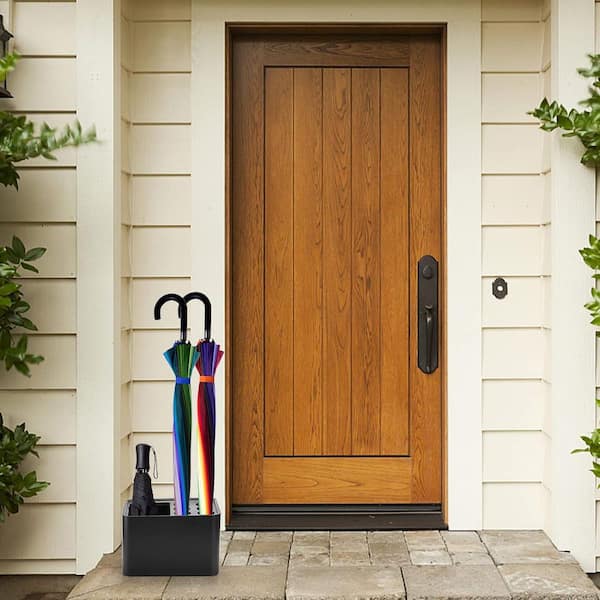 Black Plastic Umbrella Stand with Removable Drip Tray Compact Entryway Organizer Holds 10-Umbrellas Efficient Design