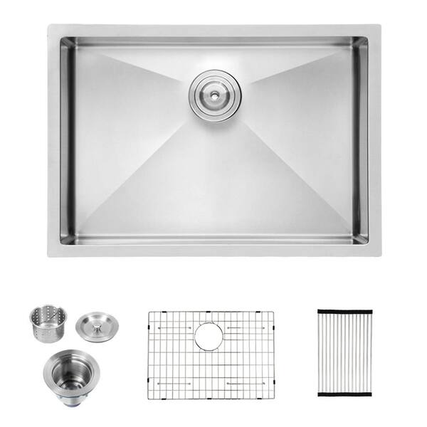 27 in. Undermount Single Bowl 16-Gauge Brushed Nickel Stainless Steel Kitchen Sink with Bottom Grids, Drain Board