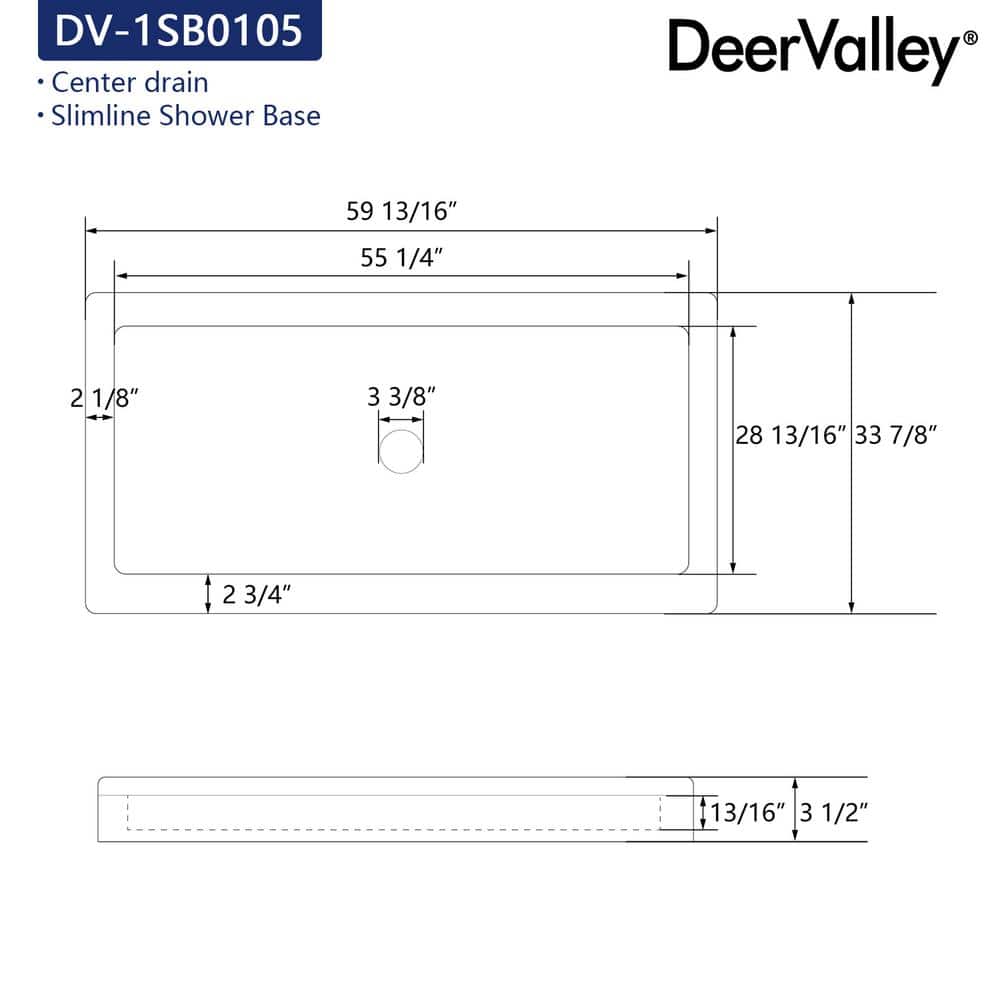 White Acrylic 60'' x 34'' Non-Slip Shower Base with Center Drain