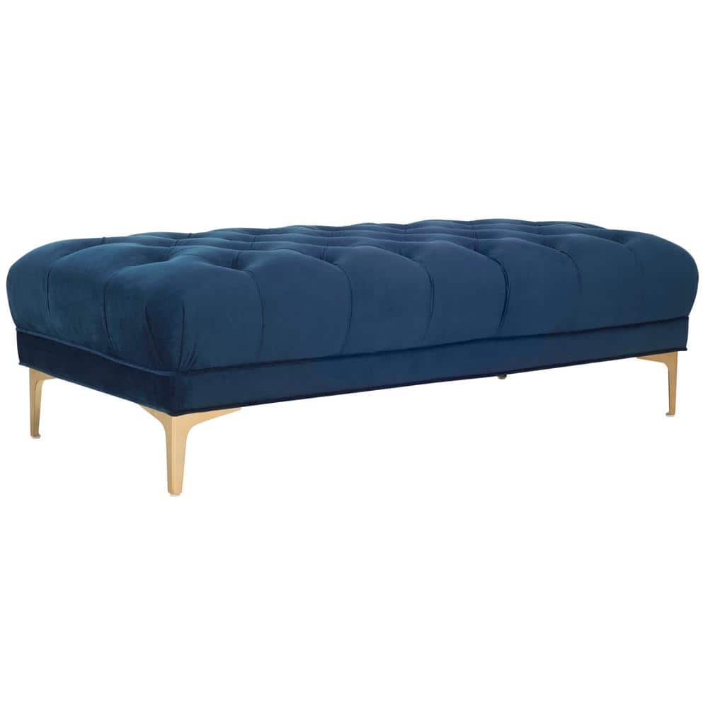 Transitional Navy Velvet Tufted Bench with Brass Legs
