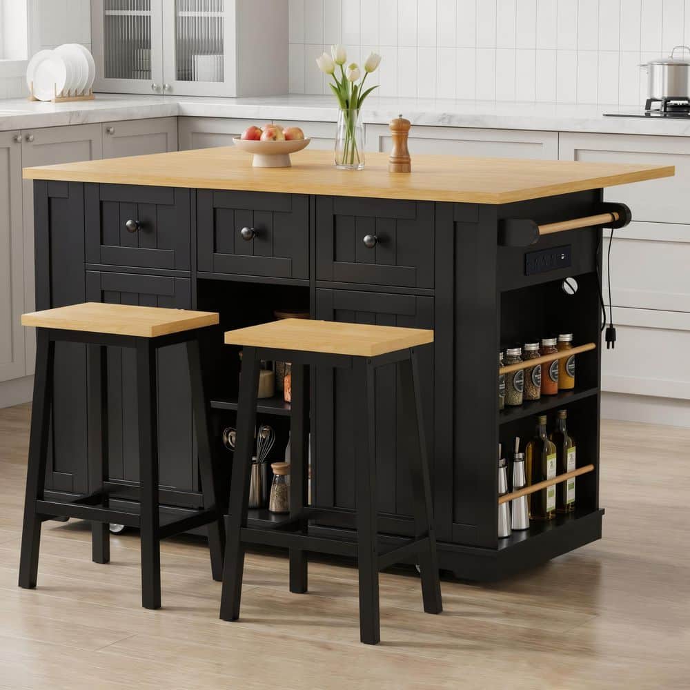 Ximuprmy Black Wood 53 in. Kitchen Island with 2 Bar Stools, Drop