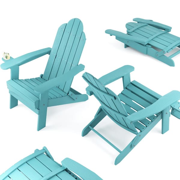 LUE BONA Lake Blue Foldable Plastic Outdoor Patio Adirondack Chair with Cup Holder for Garden/Backyard/Pool/Beach (Set of 4)