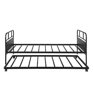 Black Twin Size Metal Daybed with Trundle Bed, Steel Platform Bed Frame with Built-in Casters for Living Room