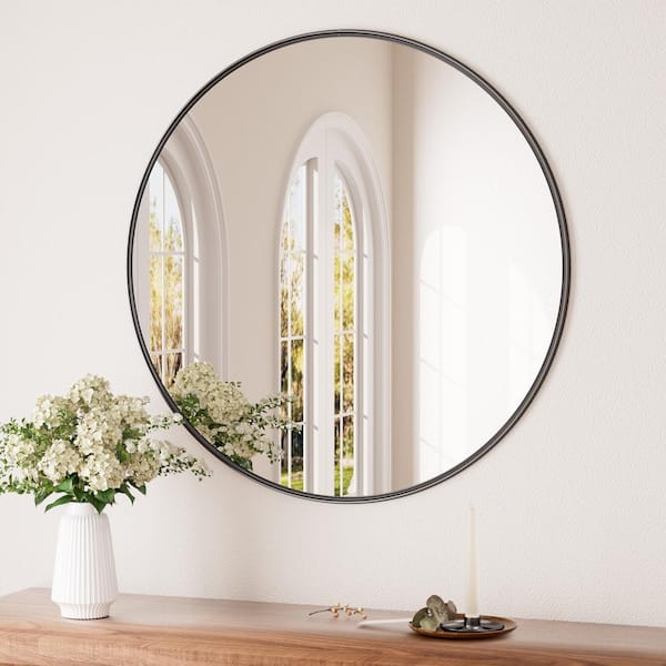 KeonJinn 16 in. W x 16 in. H Round Metal Framed Modern Wall Mounted Bathroom Vanity Mirror Wall Mirror in Black